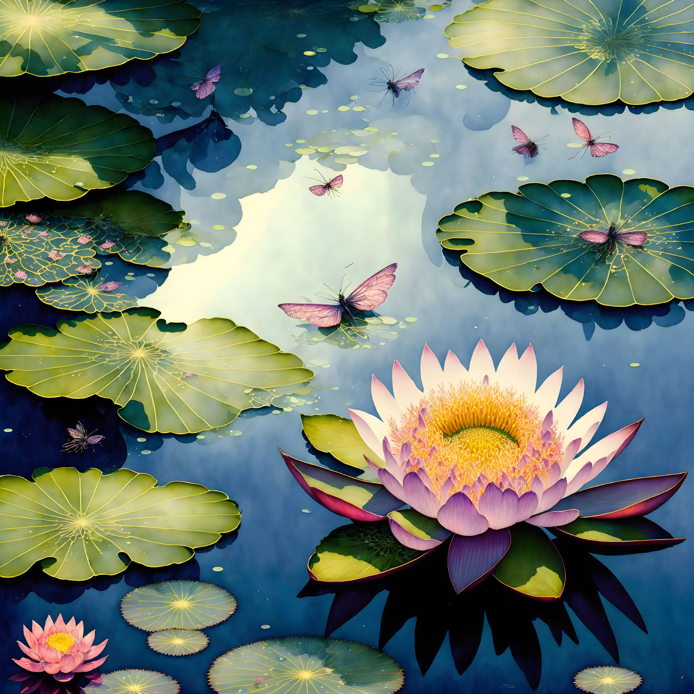 Tranquil Pond with Water Lilies, Lotus Leaves, and Dragonflies