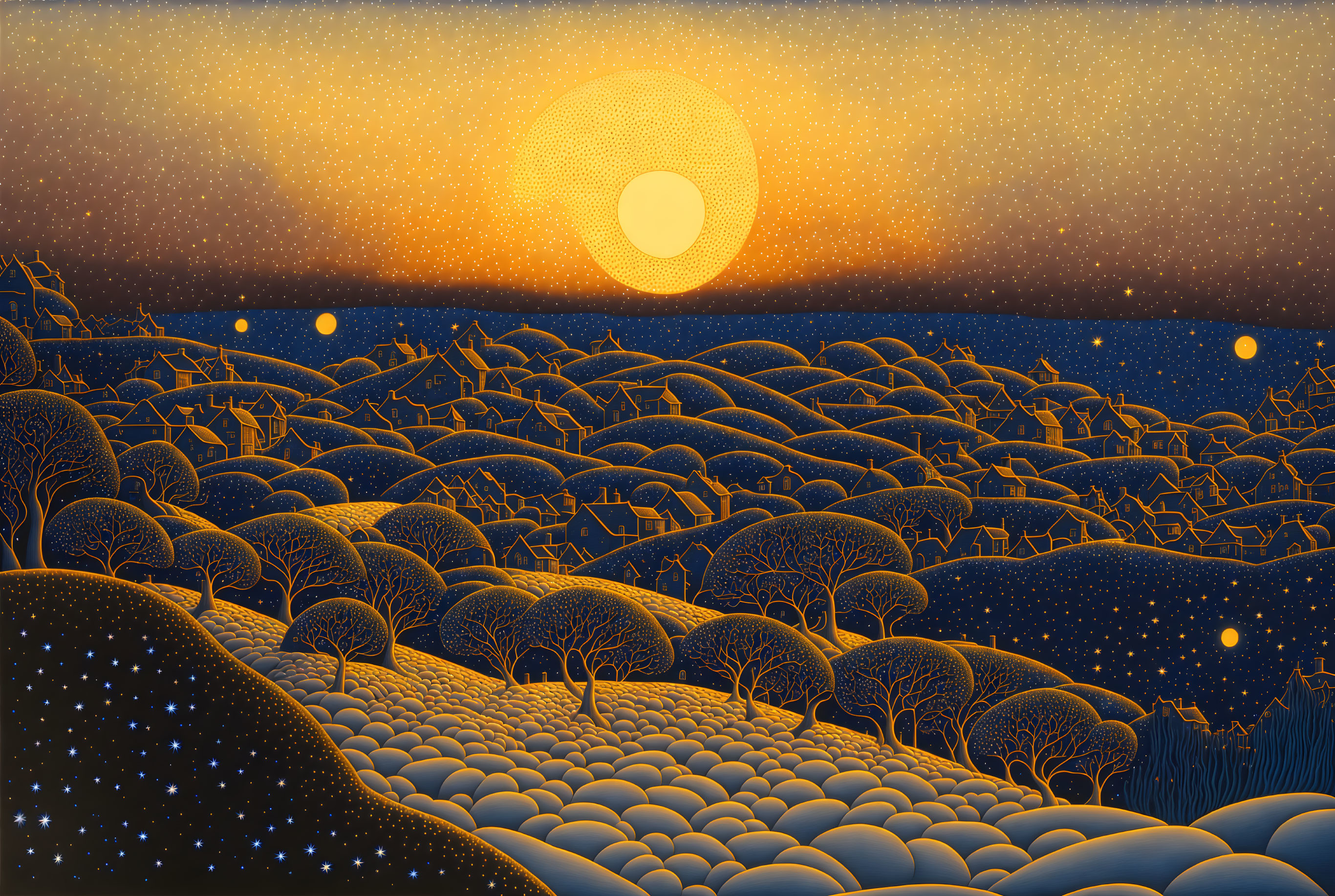 Stylized image: Rolling hills, trees, starry night to sunrise