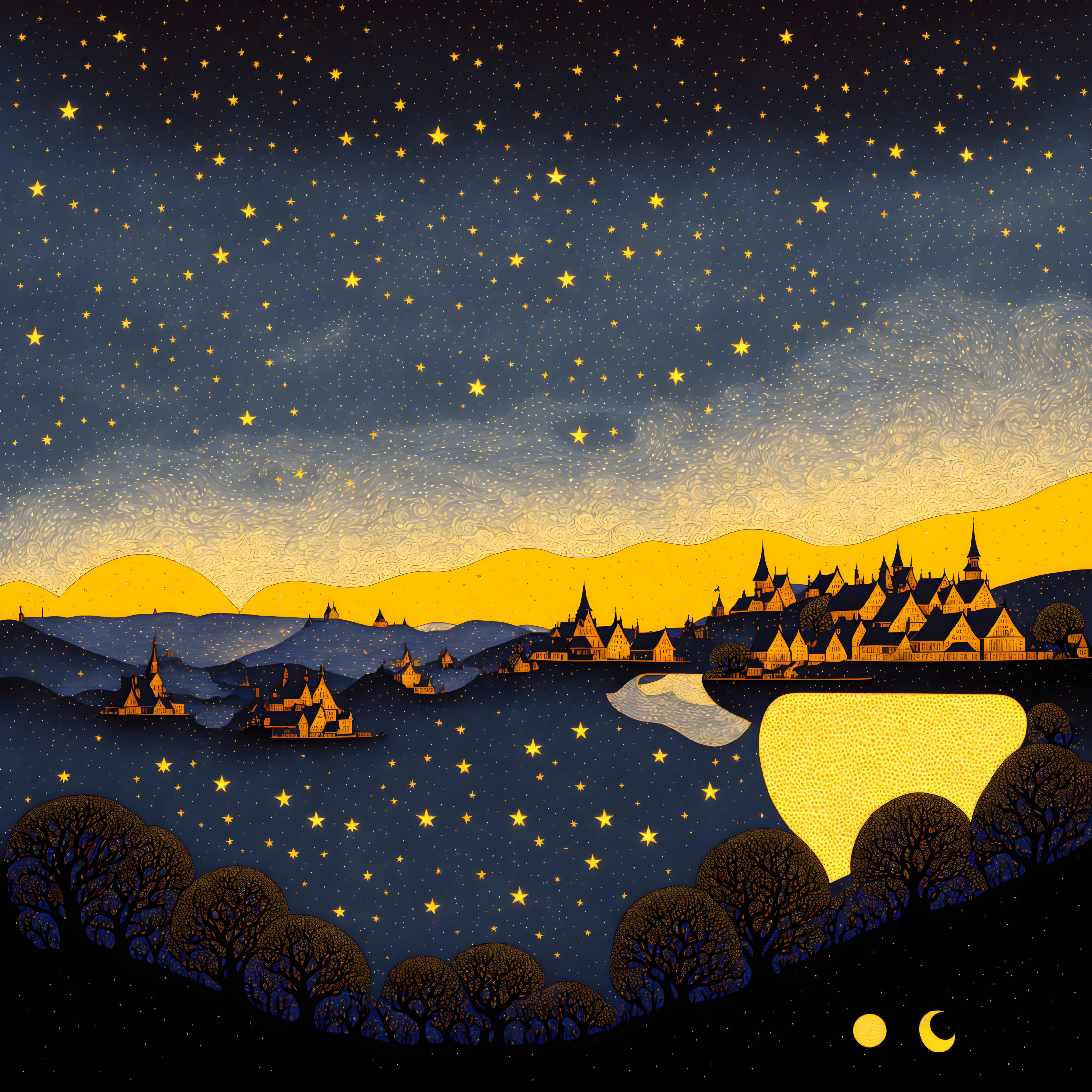 Starry night landscape with rolling hills and village.