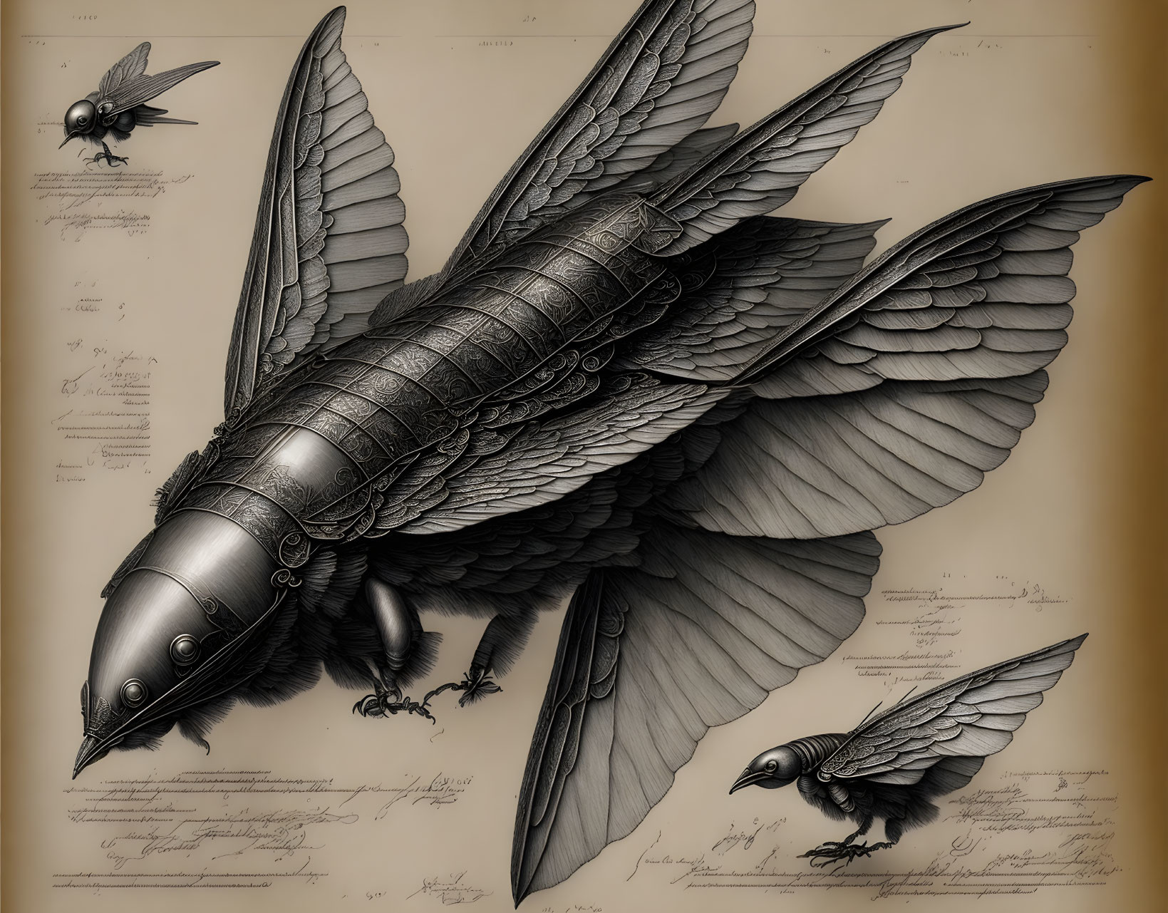 Mechanical Birds in Steampunk Style Illustration