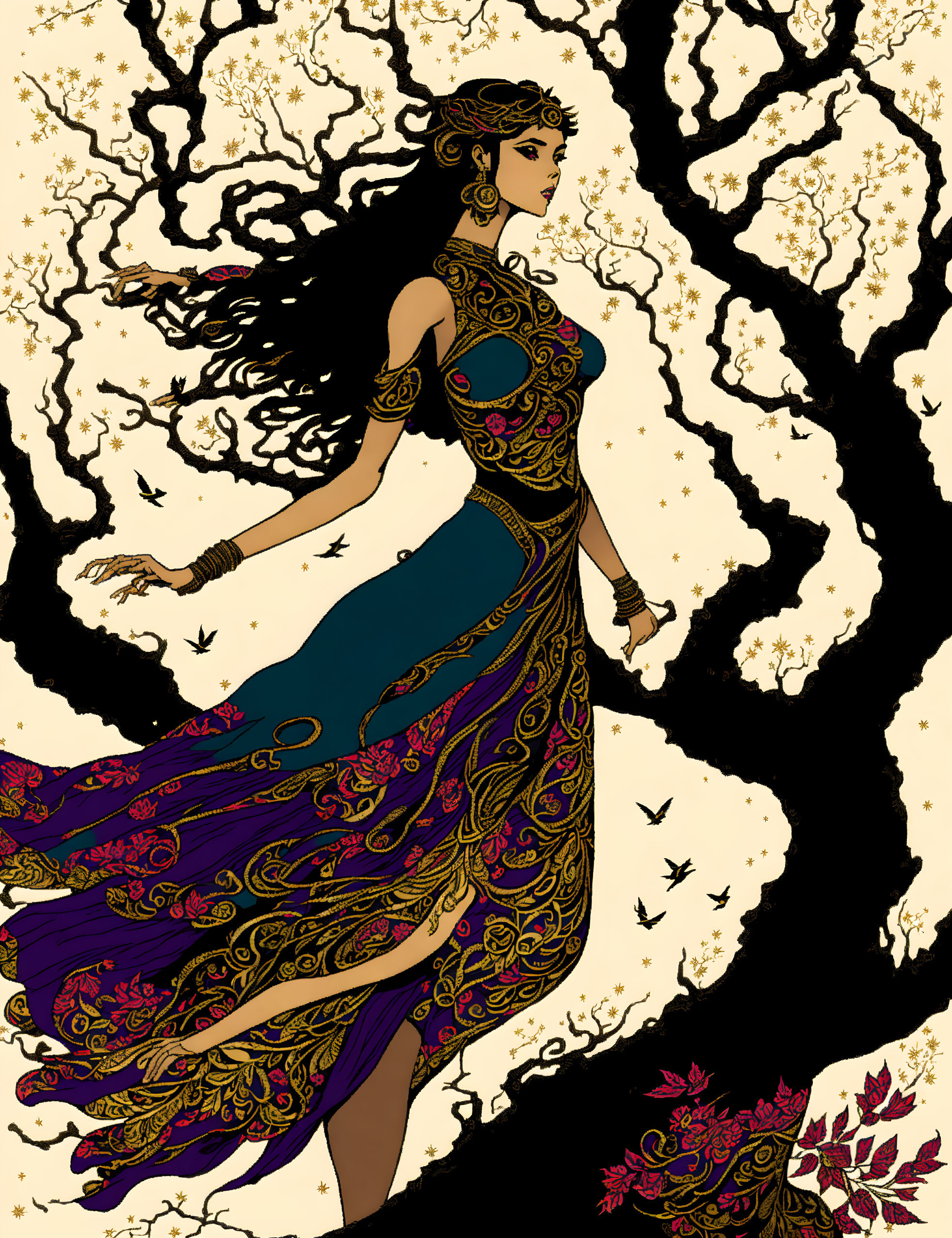 Illustrated woman in purple dress with stylized tree, birds, and red leaves.