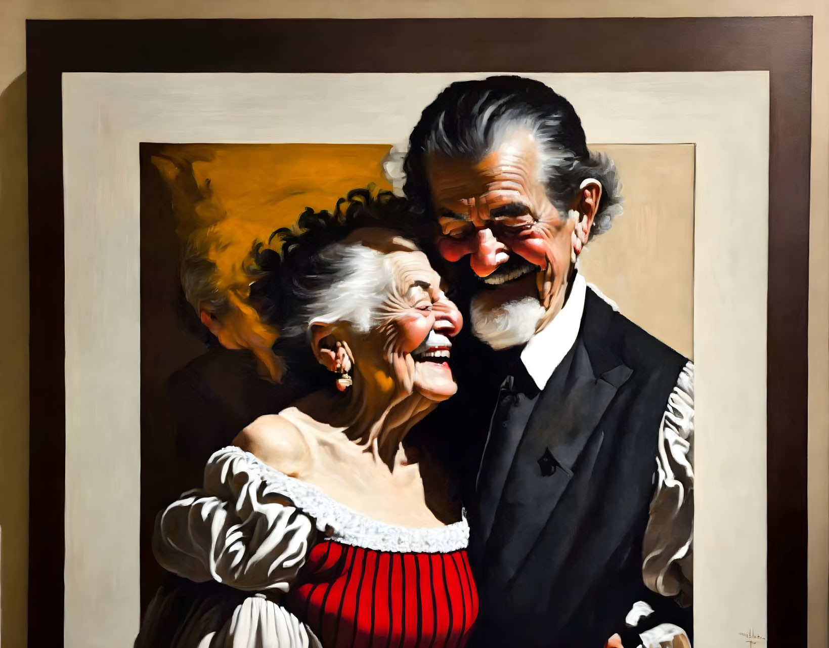 Elderly couple embracing and laughing in warm painting