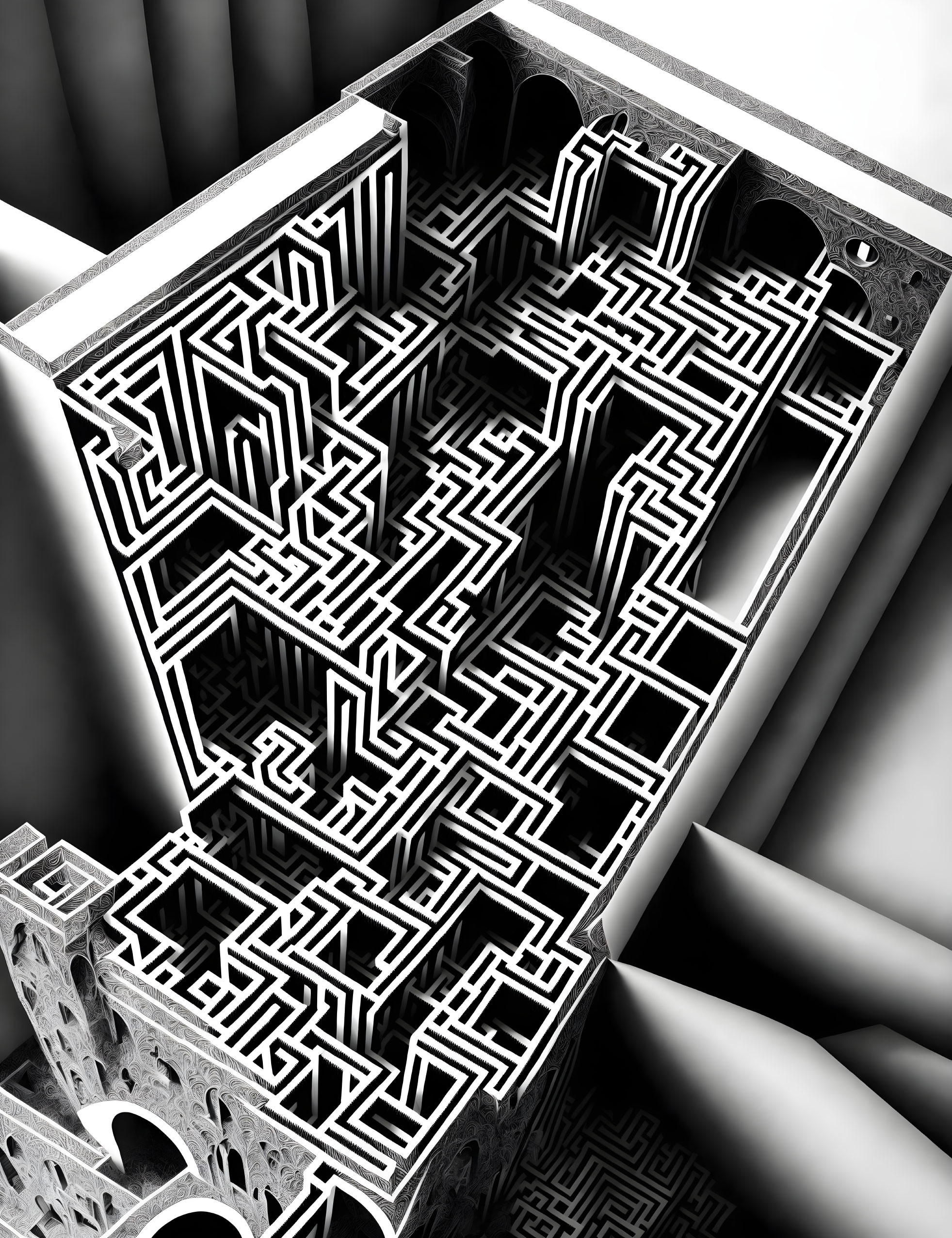 Abstract 3D illustration of intricate maze-like structures