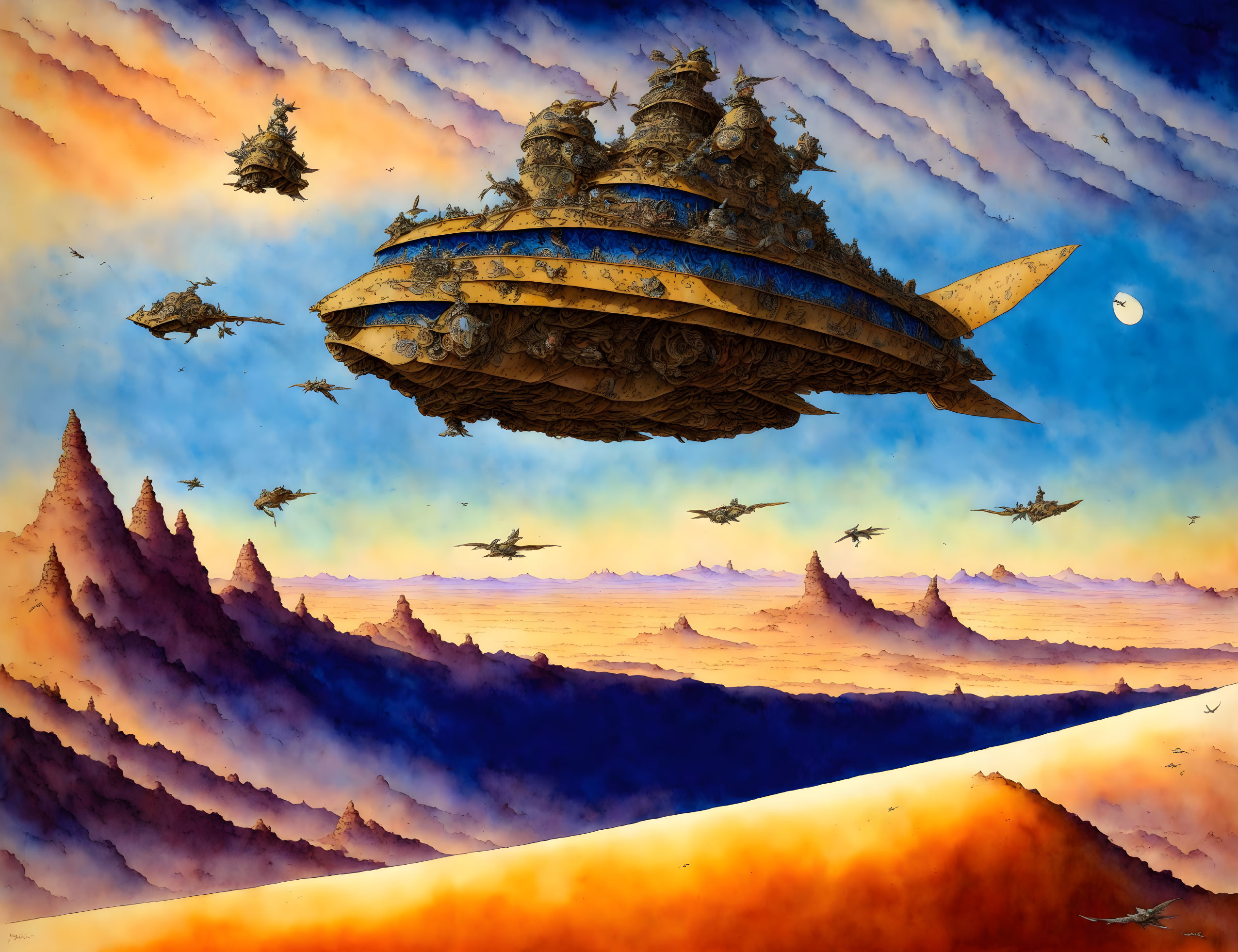 Steampunk-style airships soar over orange and purple mountains at sunset