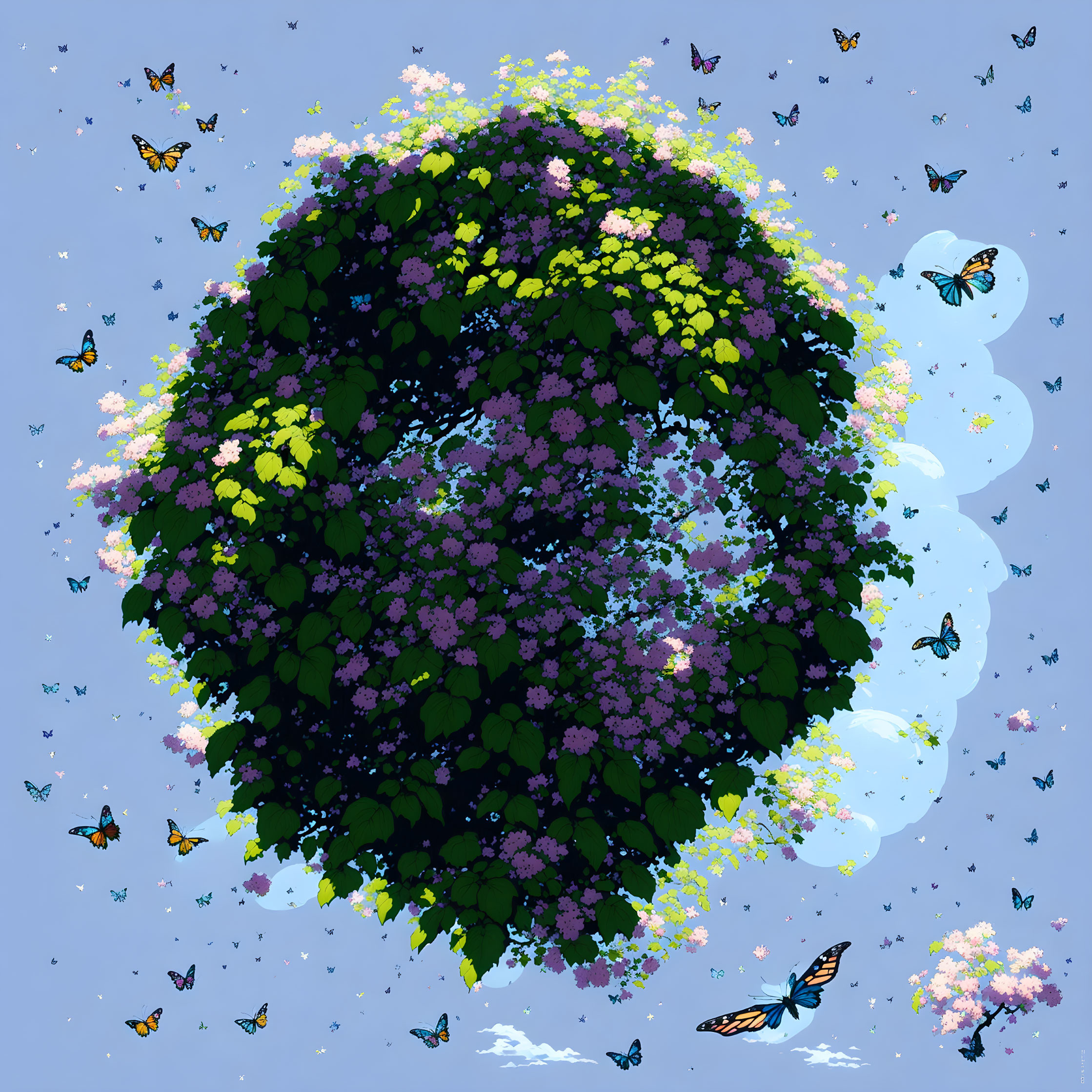 Colorful spherical cluster with green and purple foliage and butterflies on blue background