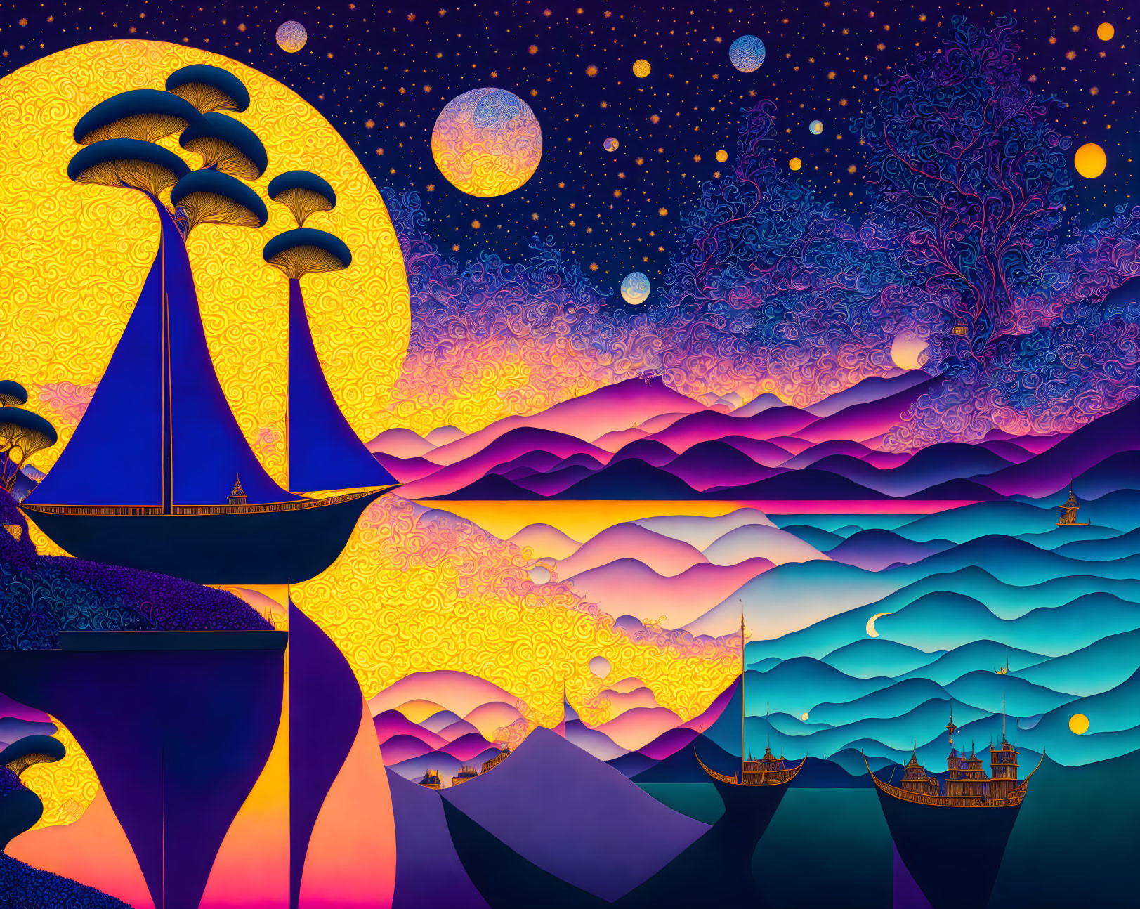 Colorful Illustration of Ships on Rolling Waves under Starry Sky