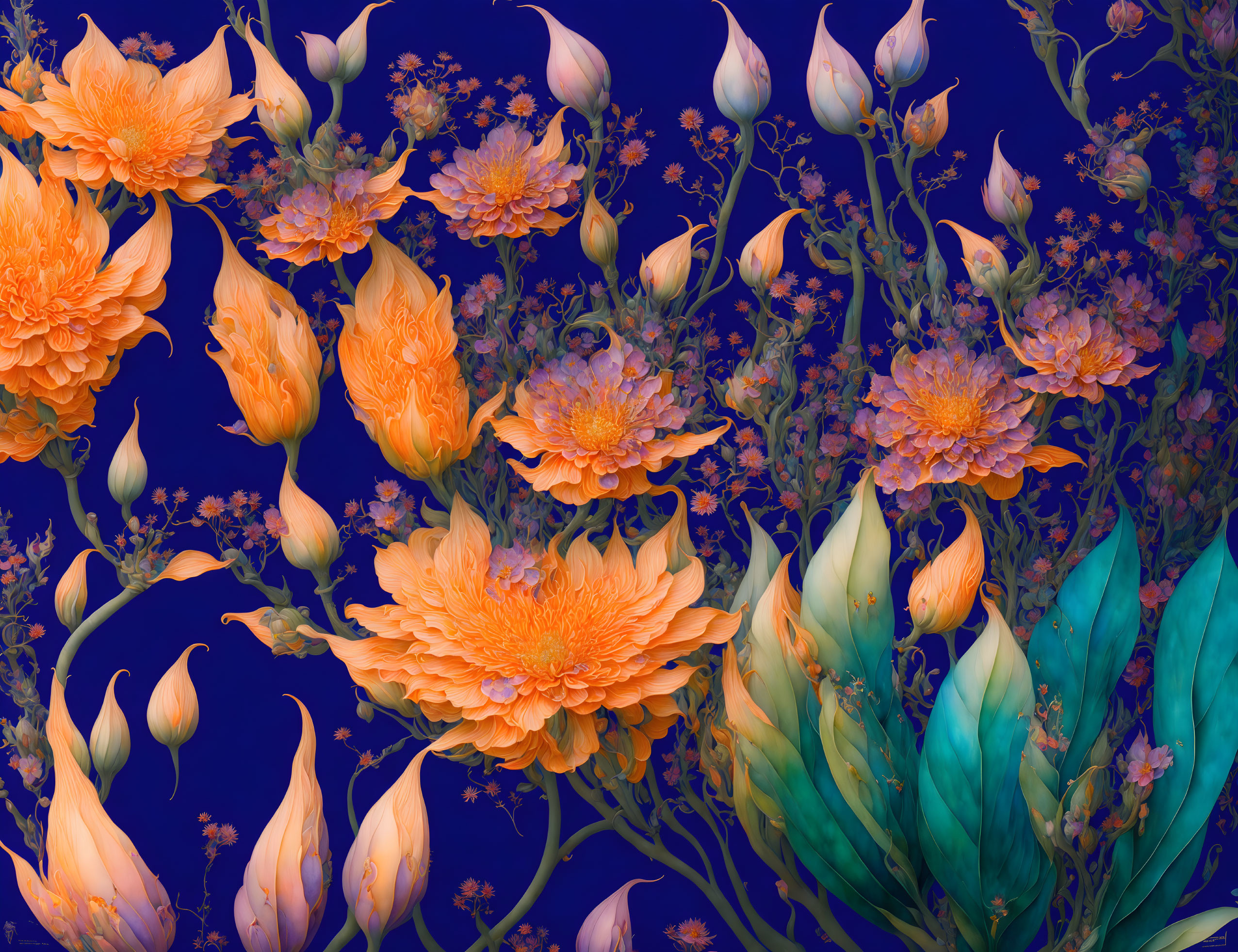 Detailed Digital Floral Illustration: Orange Flowers, Green Leaves, Deep Blue Background