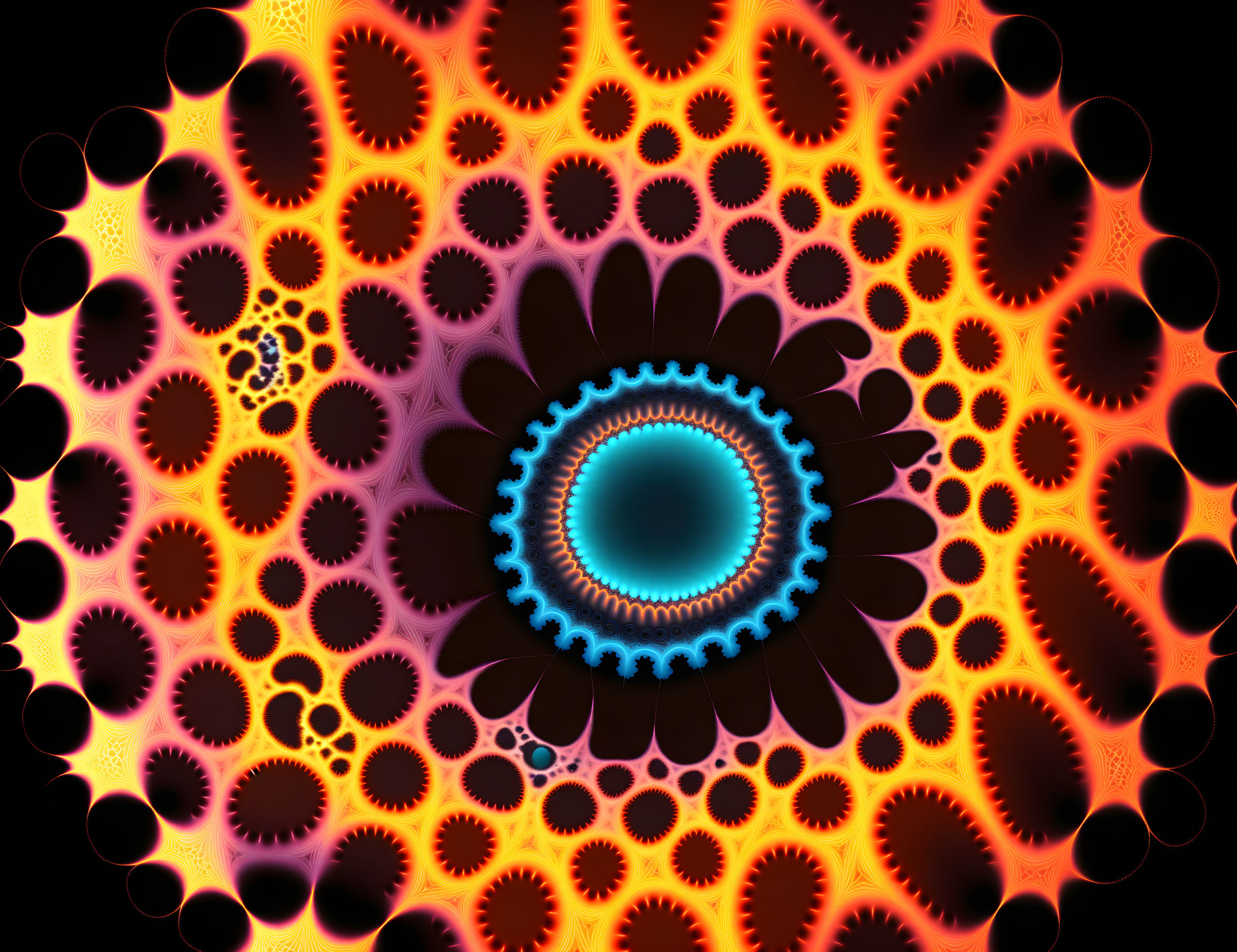 Colorful digital fractal art with central blue circle and intricate orange & black floral designs on dark backdrop