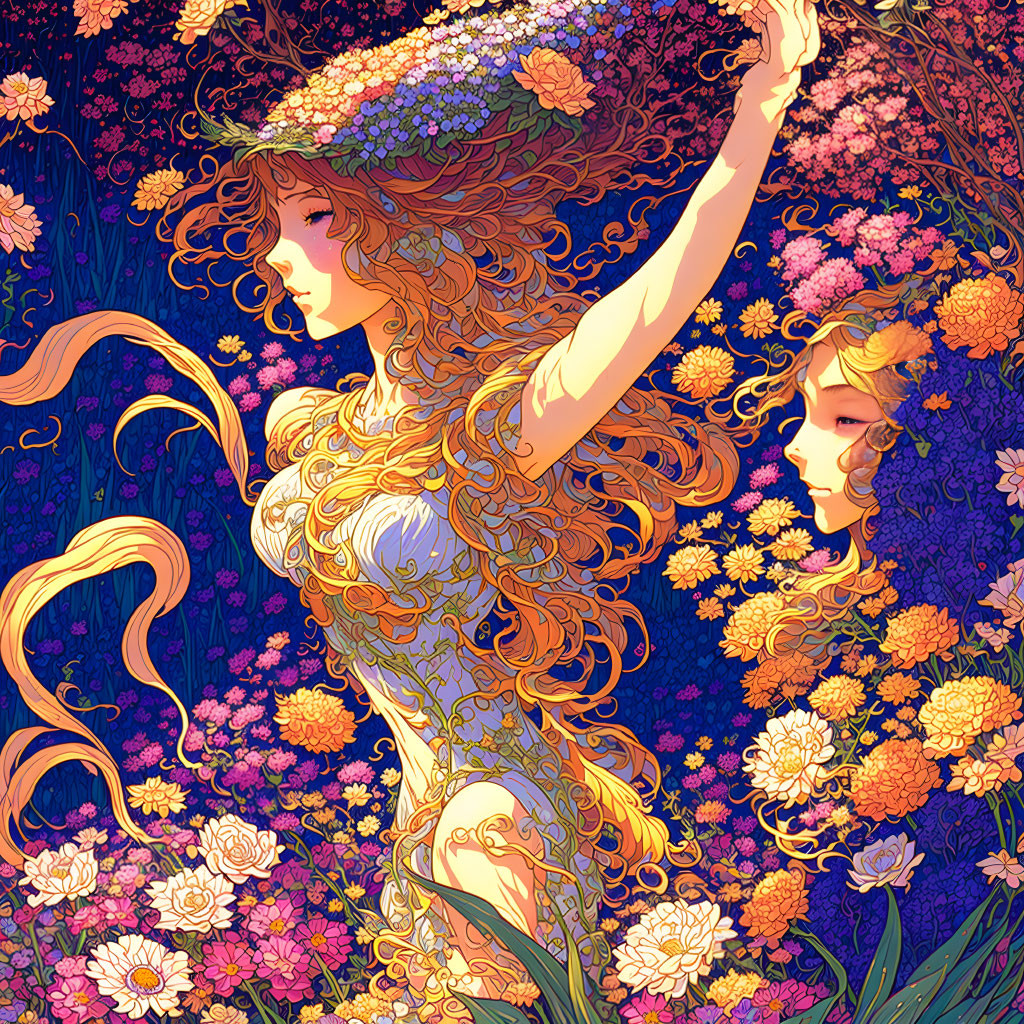 Ethereal women with flowing hair and colorful flowers in fantastical setting