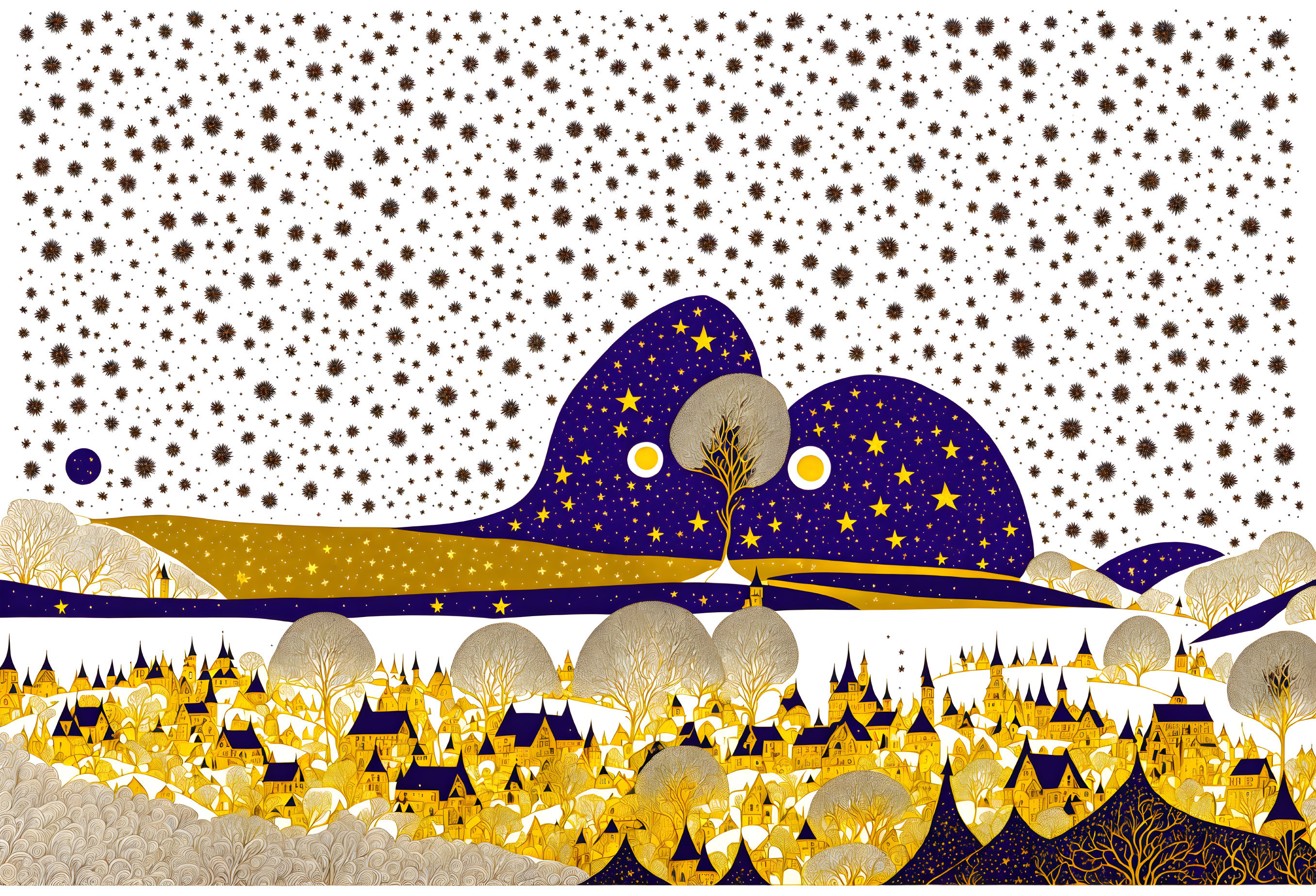 Whimsical nighttime landscape with starry hills and golden trees