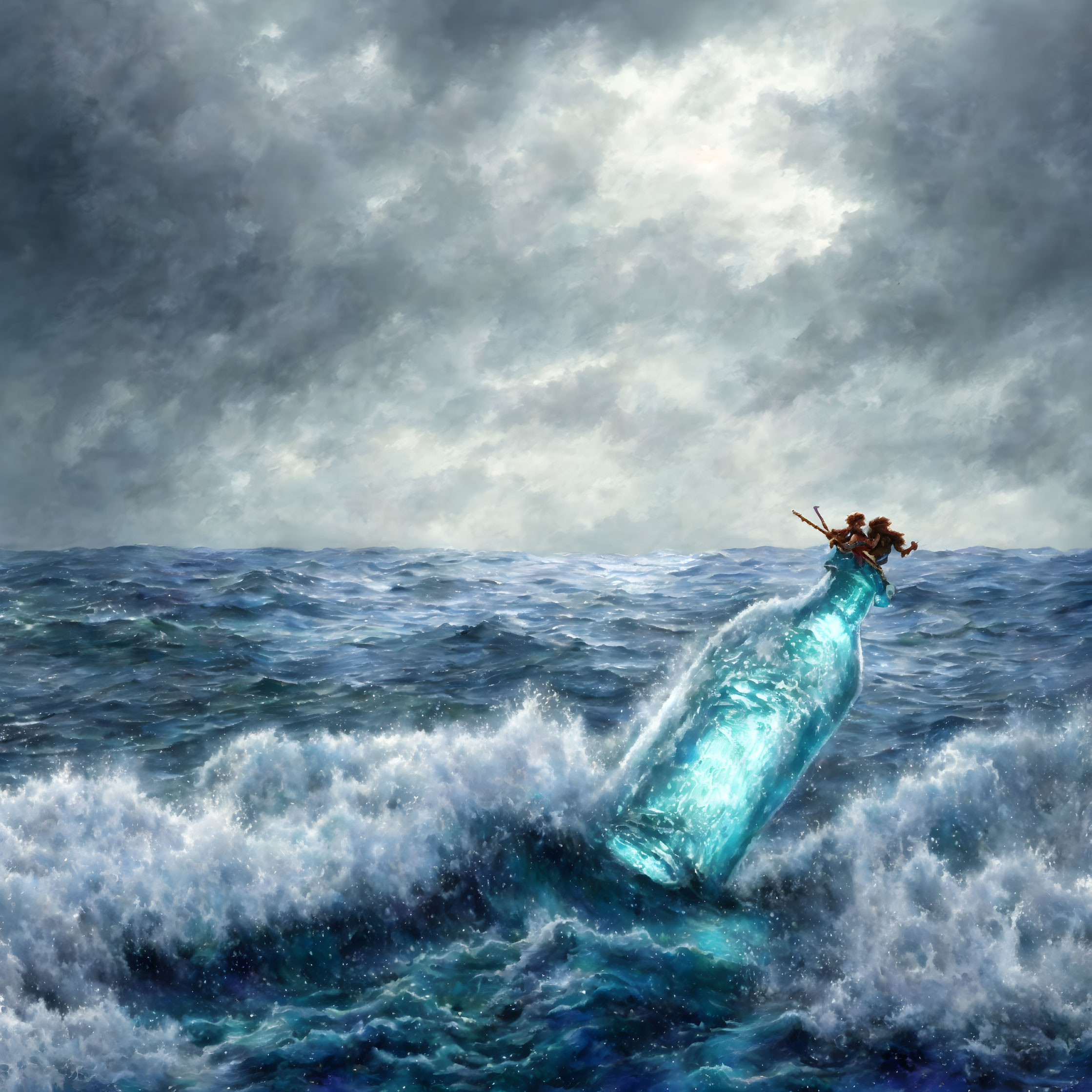 Glass bottle with cork on stormy ocean and skies