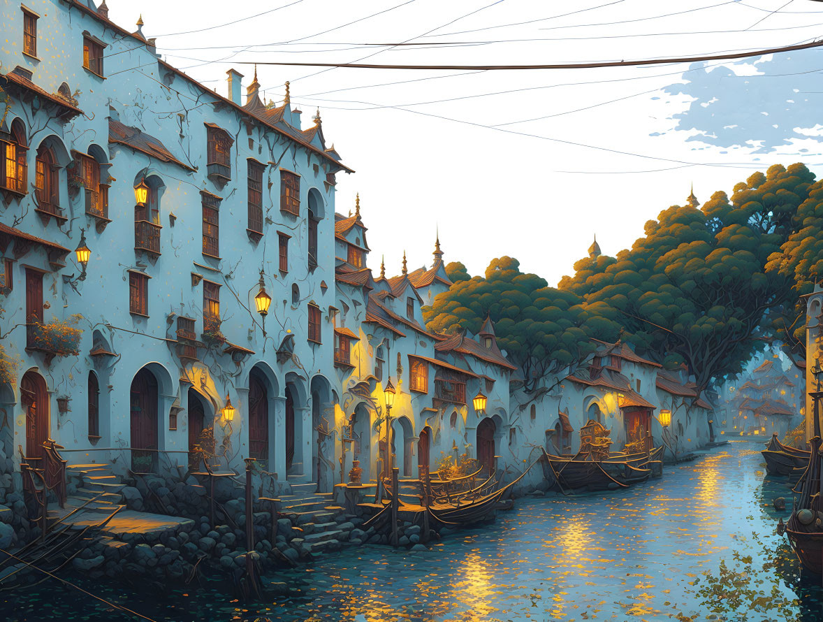 European-style Buildings by Calm Canal at Dusk with Boats and Warm Lights