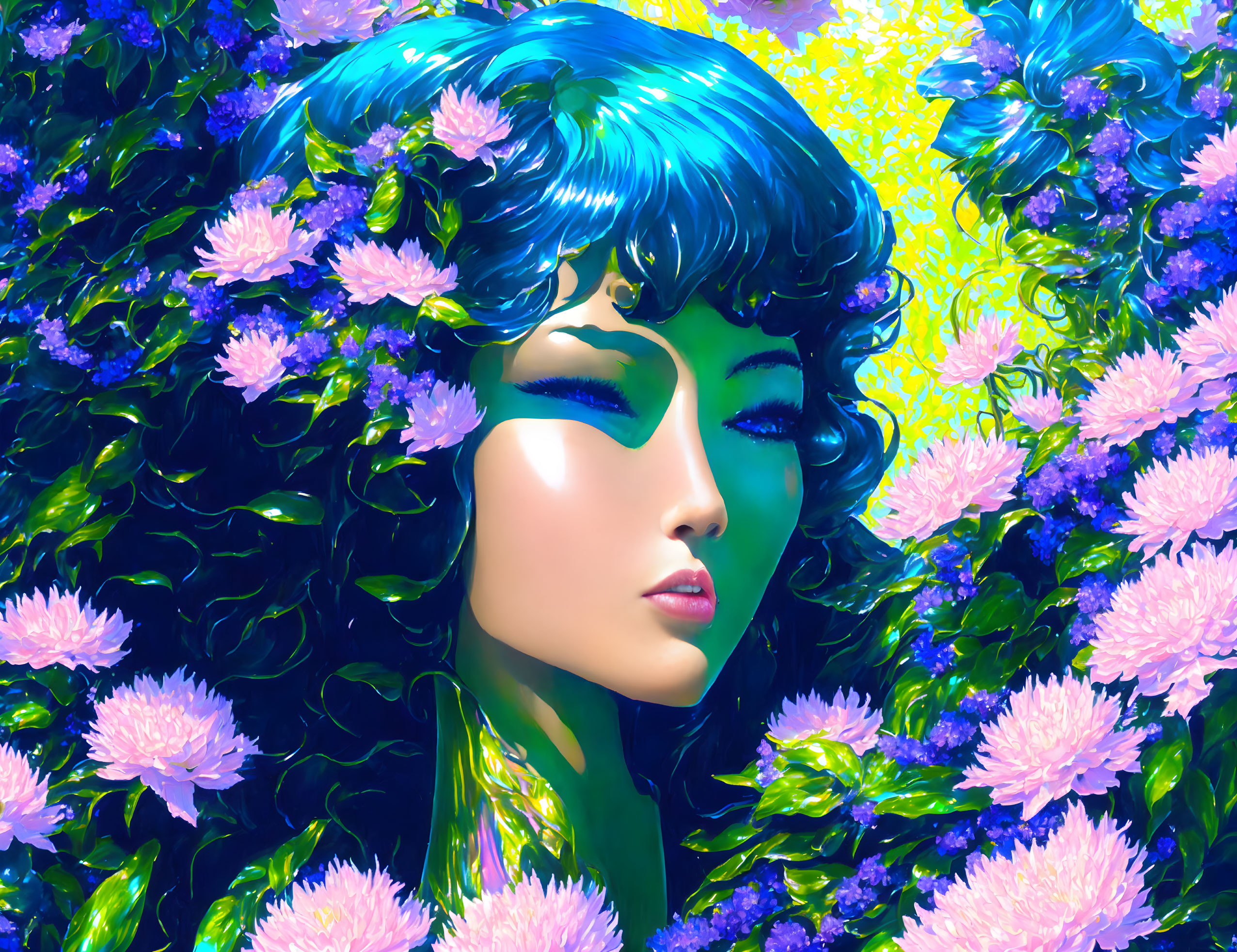 Vibrant illustration: Woman with blue hair among purple flowers and green foliage