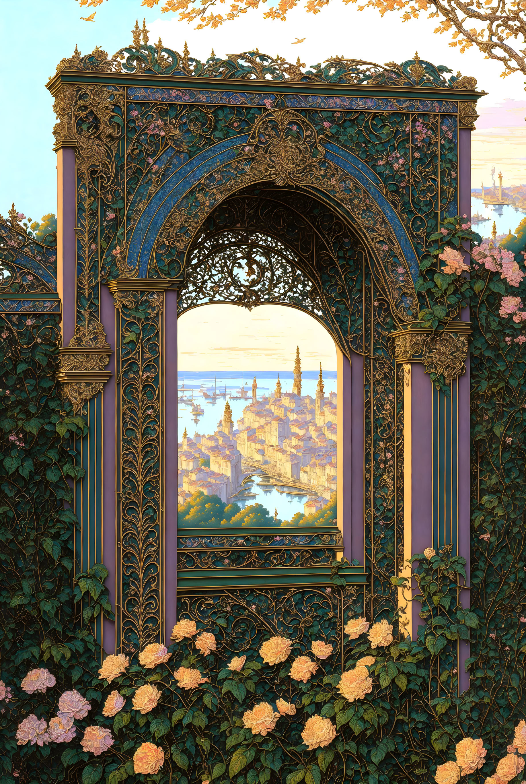 Bronze gate adorned with vines and roses in fairytale cityscape