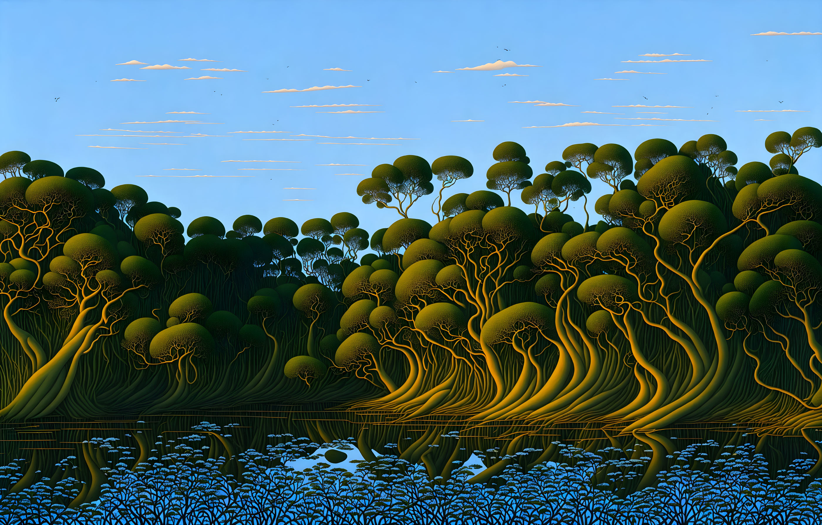 Illustration of dense forest with round-topped trees and tranquil water reflections at dusk.