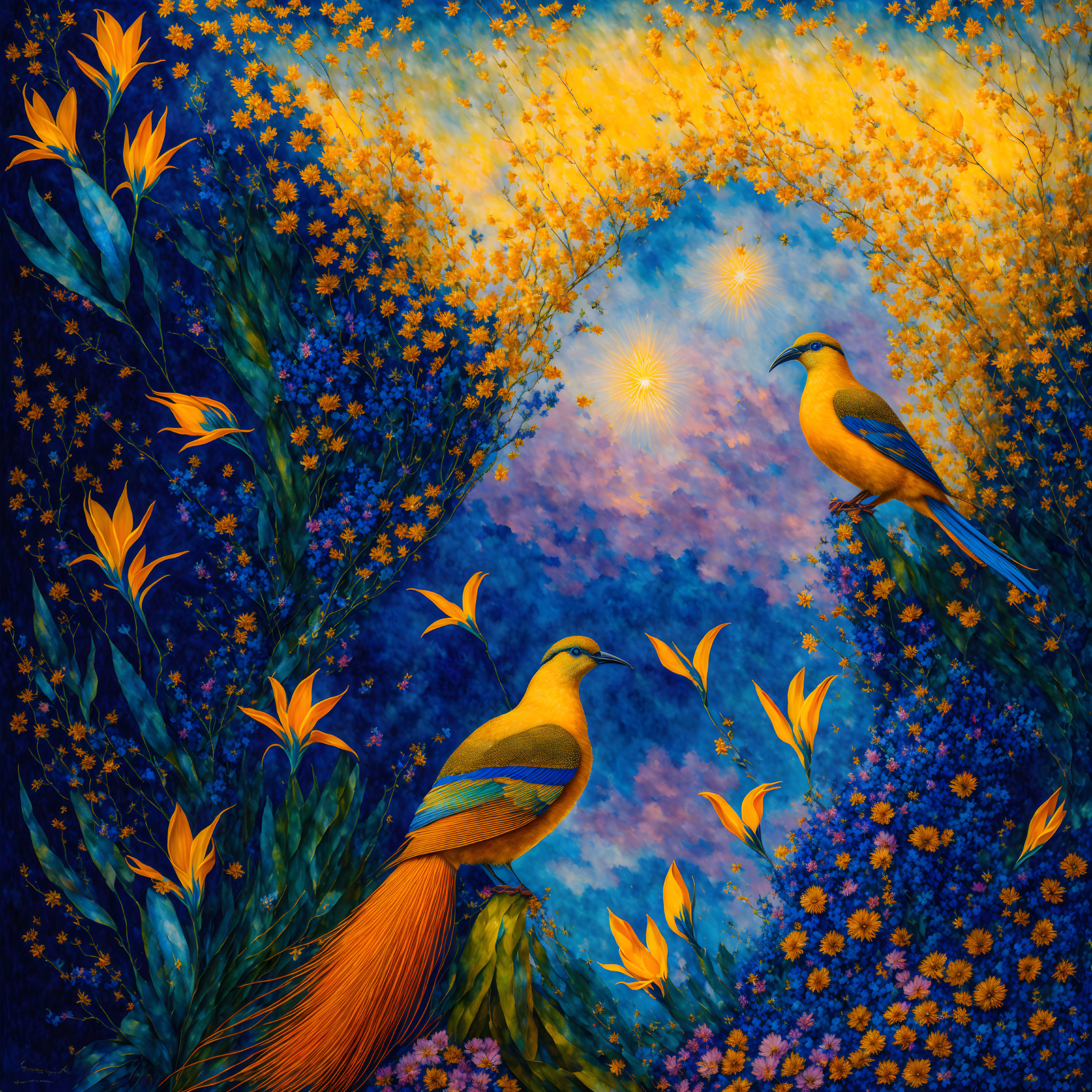 Colorful painting featuring stylized birds in lush flora under starry sky