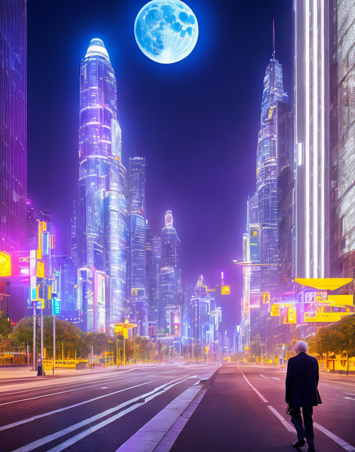 Lonely figure walks city street at night with moon and skyscrapers.