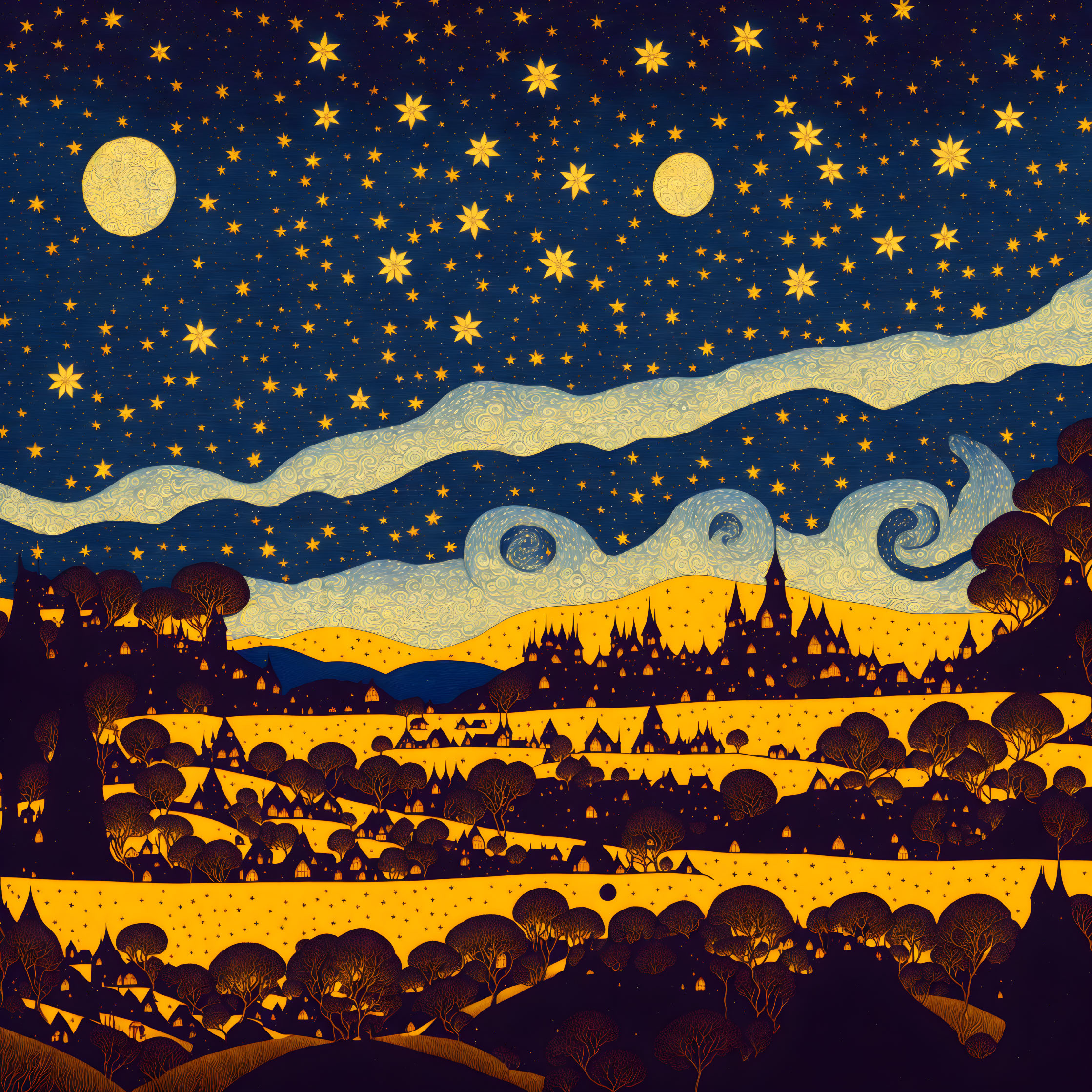 Stylized night landscape with full moon, star-filled sky, hills, village silhouette