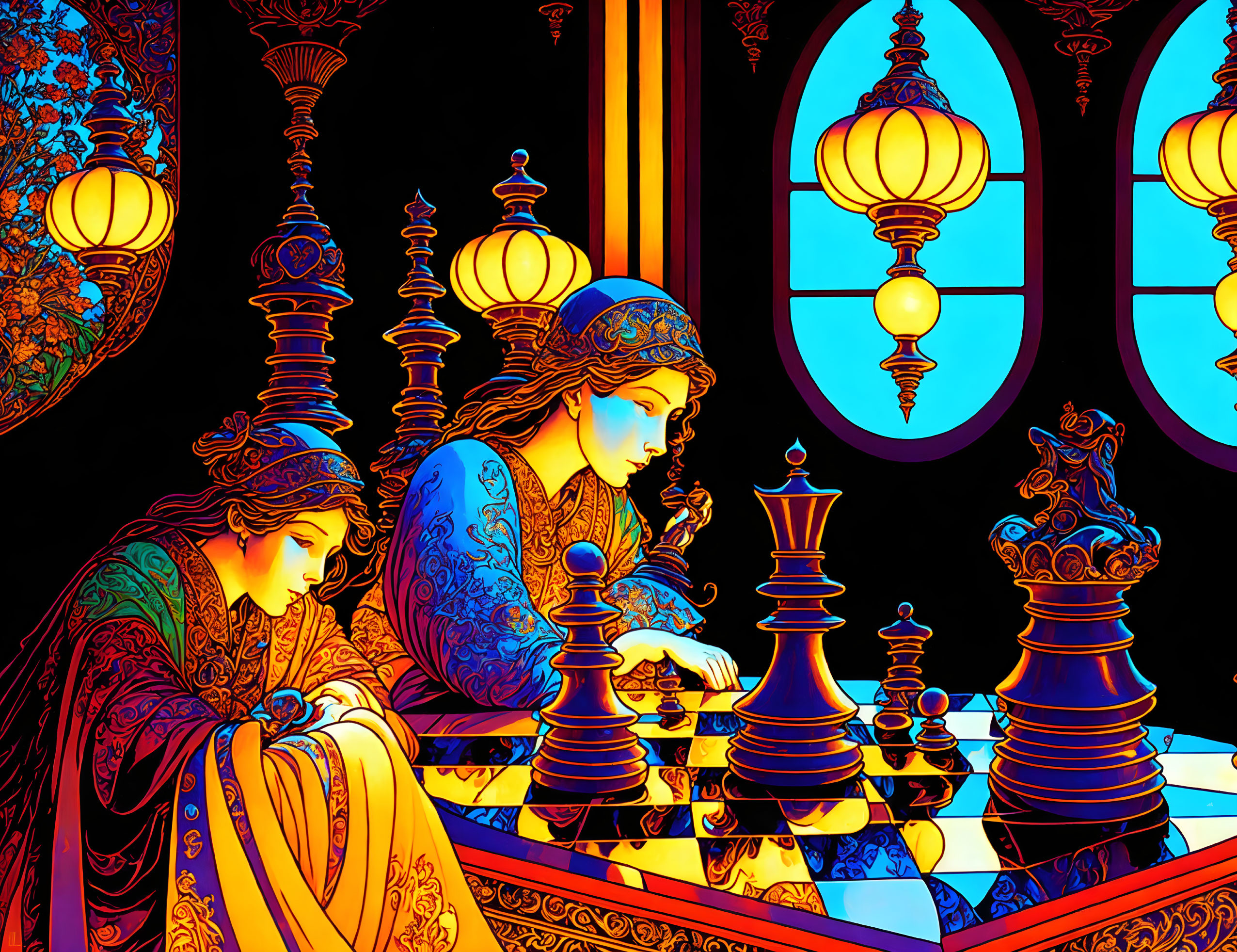 Colorful Stylized Artwork of Two Figures Playing Chess with Ornate Decor