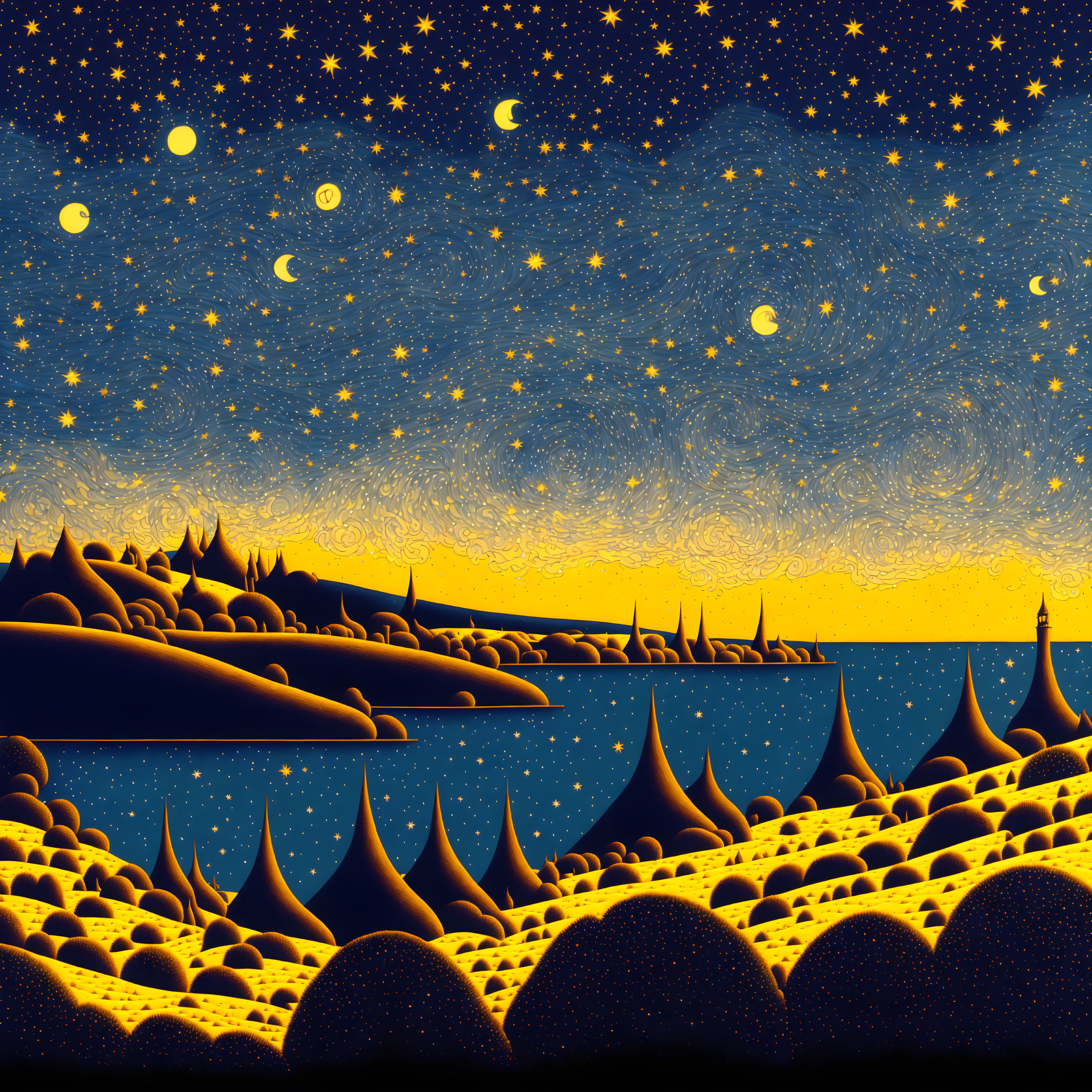 Surreal landscape with starry night sky, moons, and yellow hills