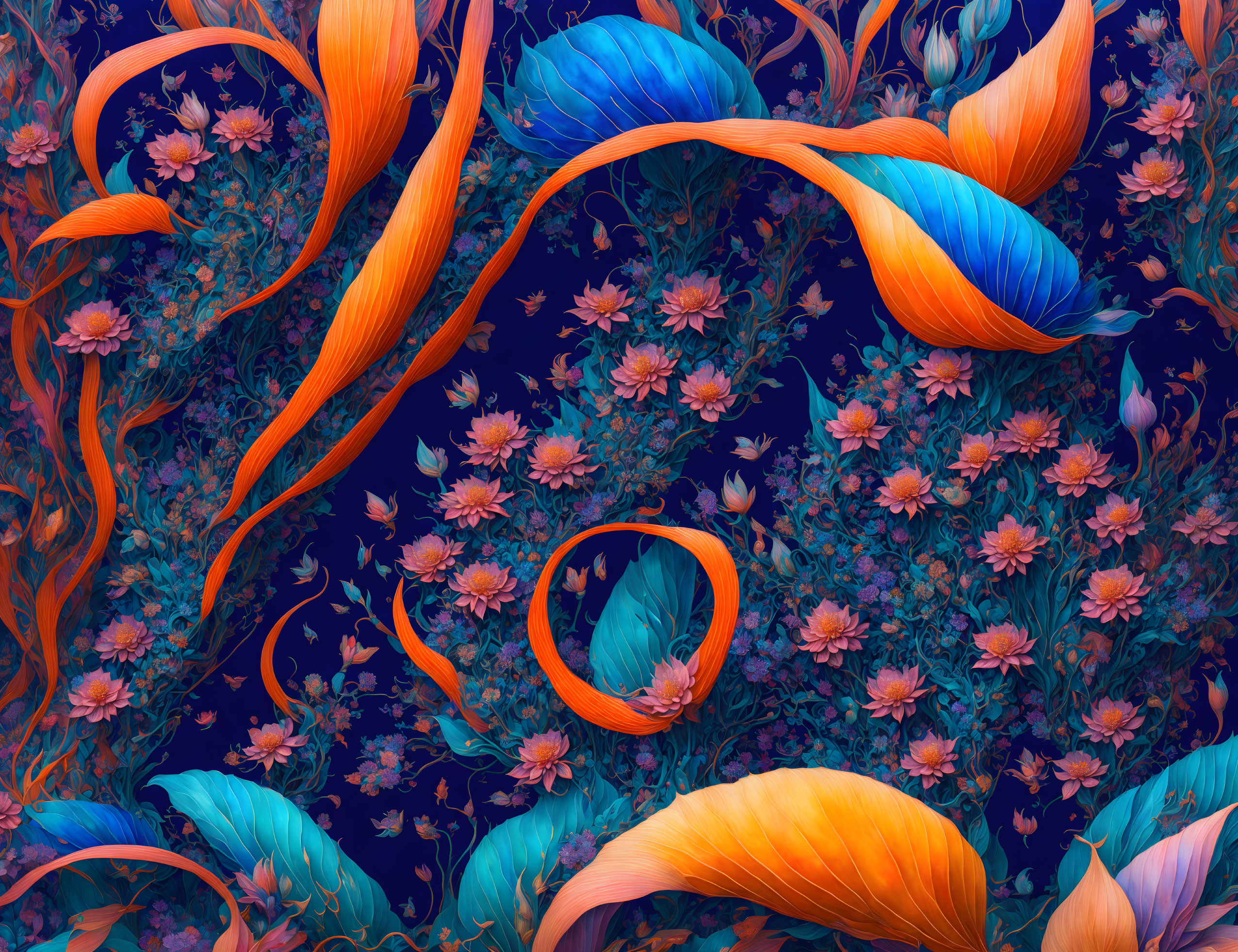 Colorful digital artwork: Orange and blue leaves with purple flowers on dark blue.