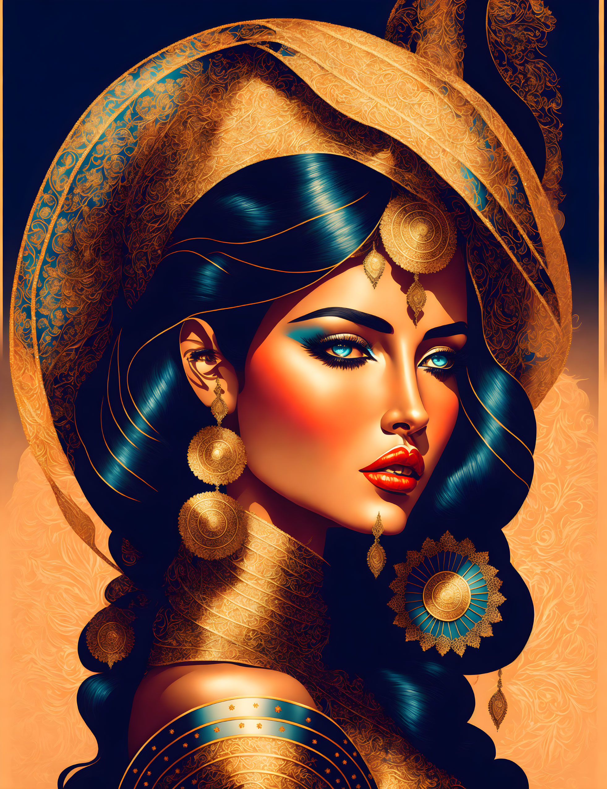 Elaborate golden headgear on woman with blue hair, vibrant makeup, intricate jewelry against ornate