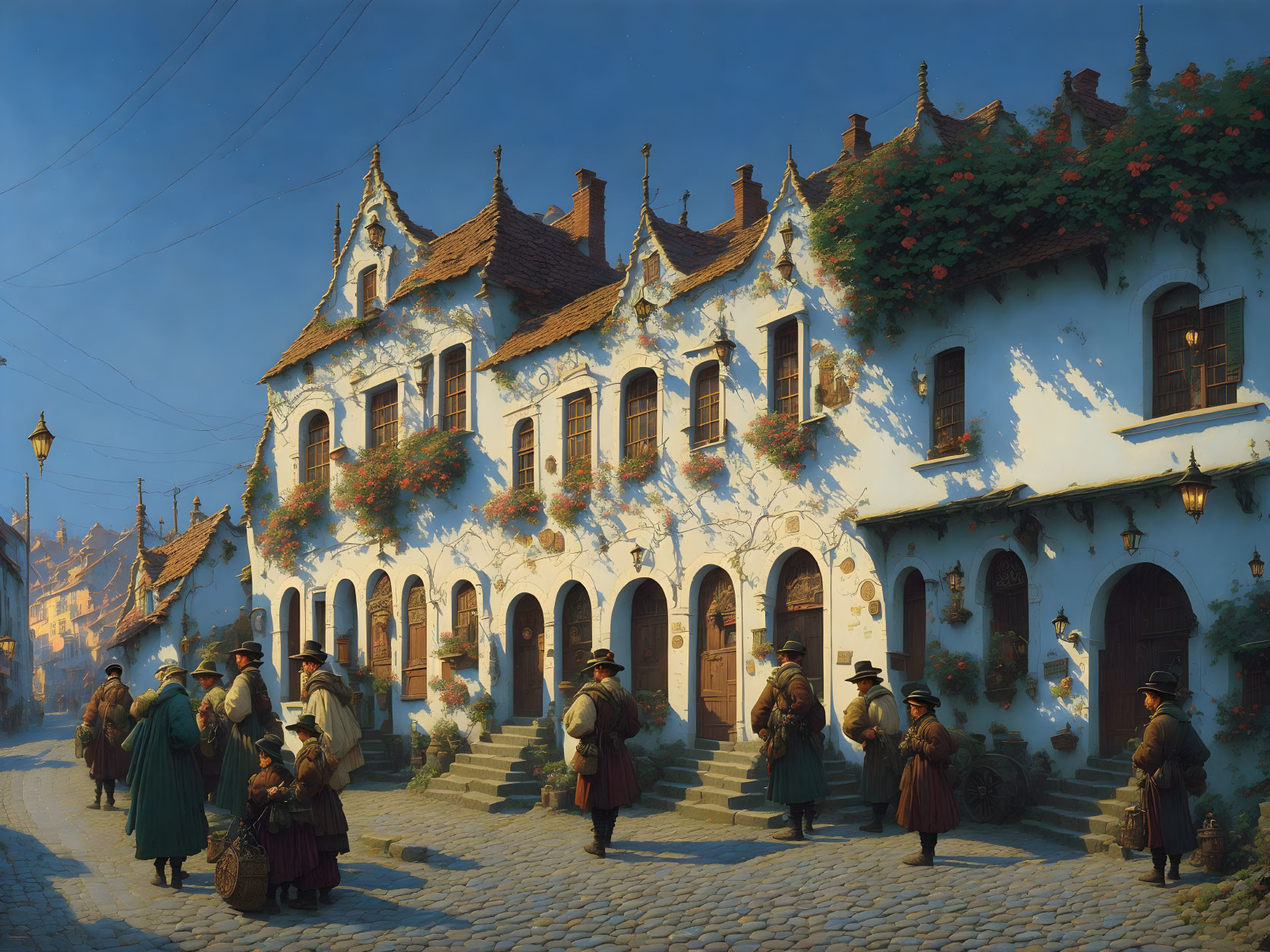 Historical village street with cobblestone paths and period clothing people