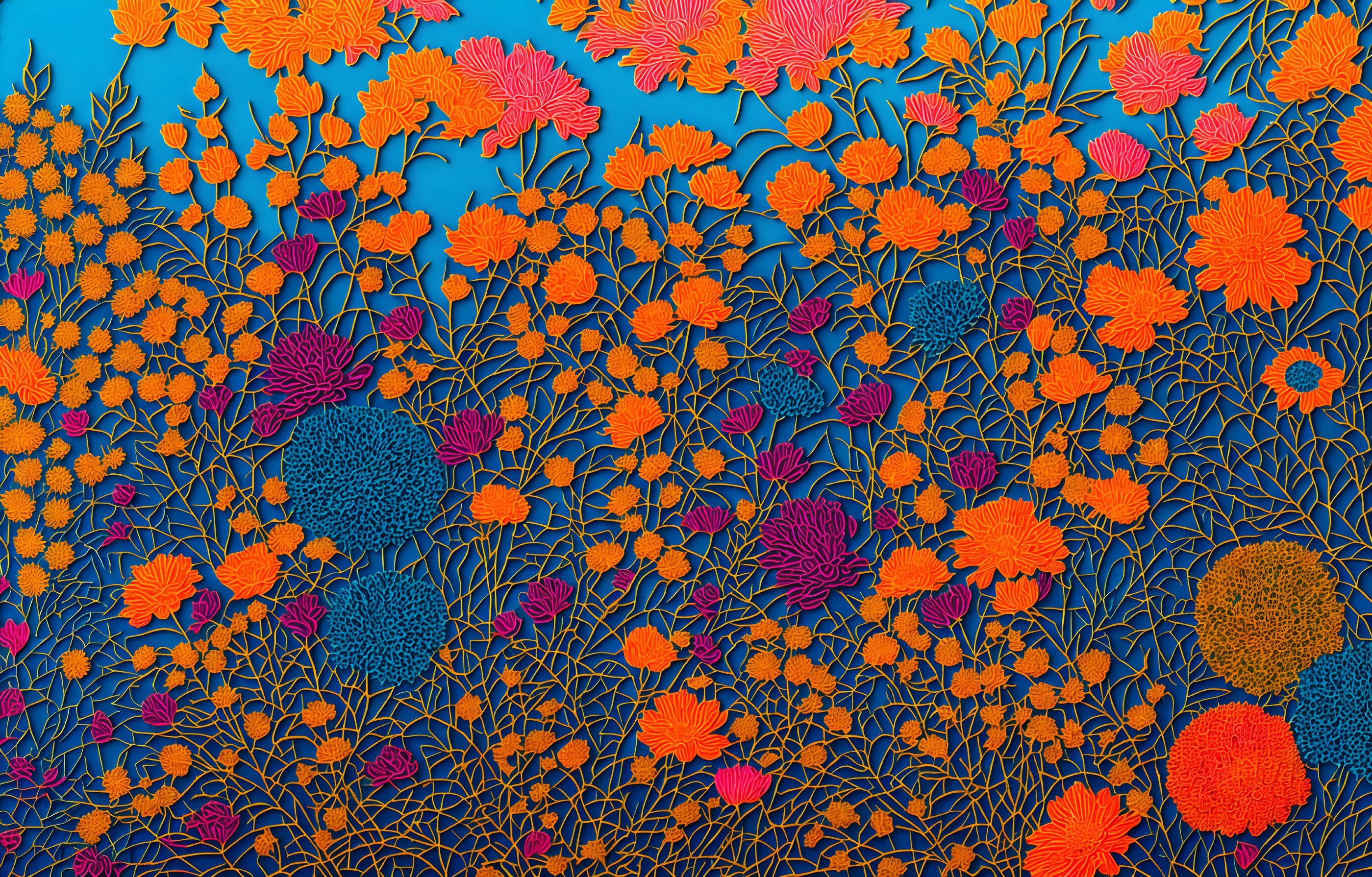 Colorful Floral Pattern on Blue Background with Orange and Yellow Flowers