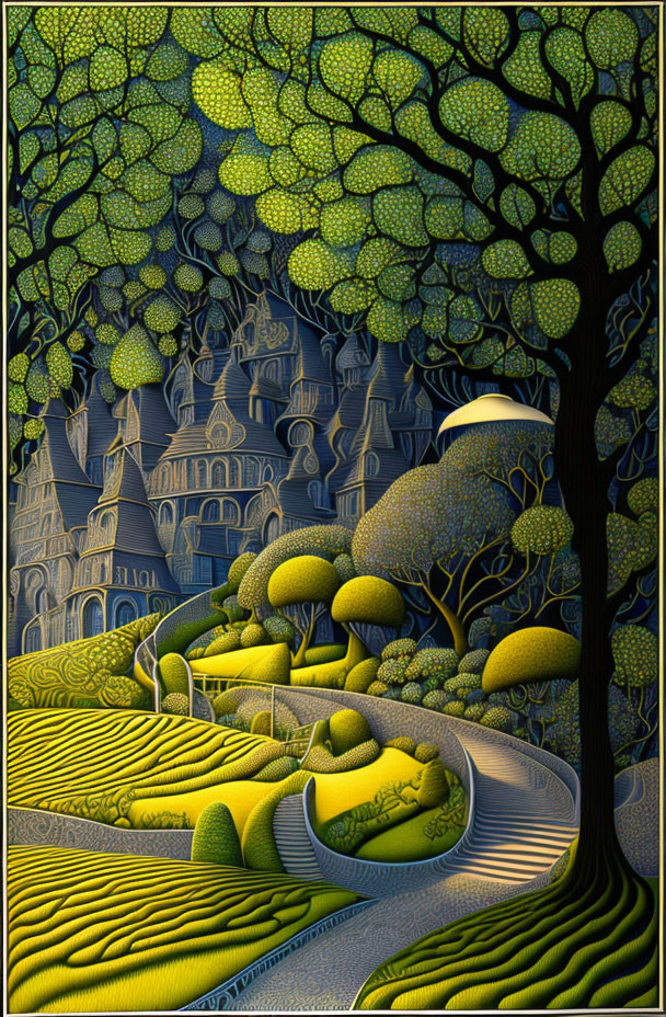 Detailed Artwork: Stylized Luminescent Forest with Castle