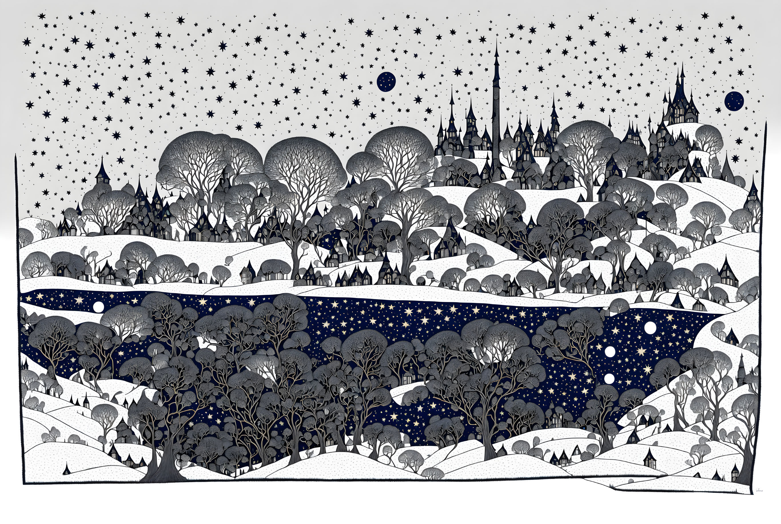 Monochromatic whimsical landscape with dotted art style