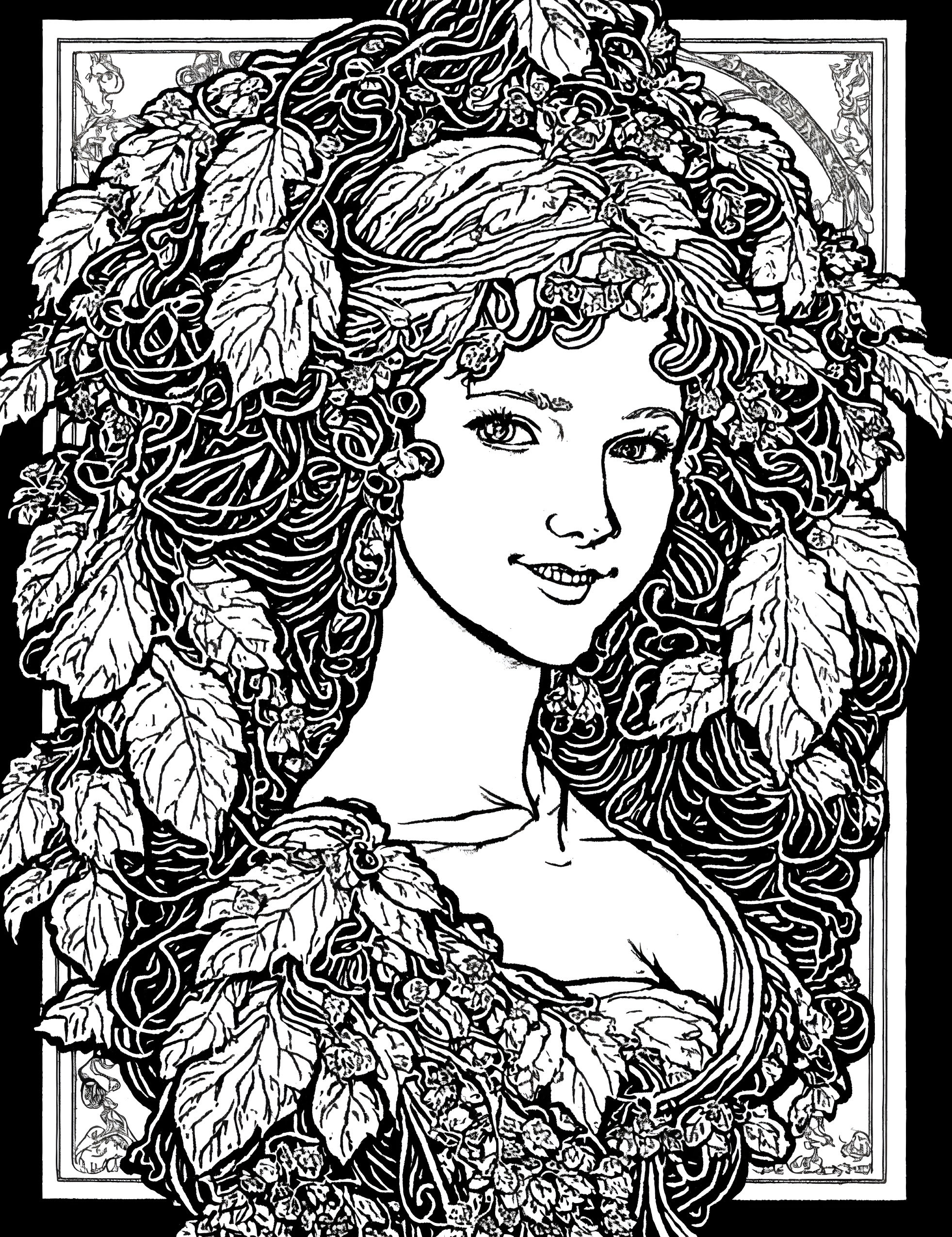 Monochrome illustration of woman with leafy headdress and garment in intricate foliage setting