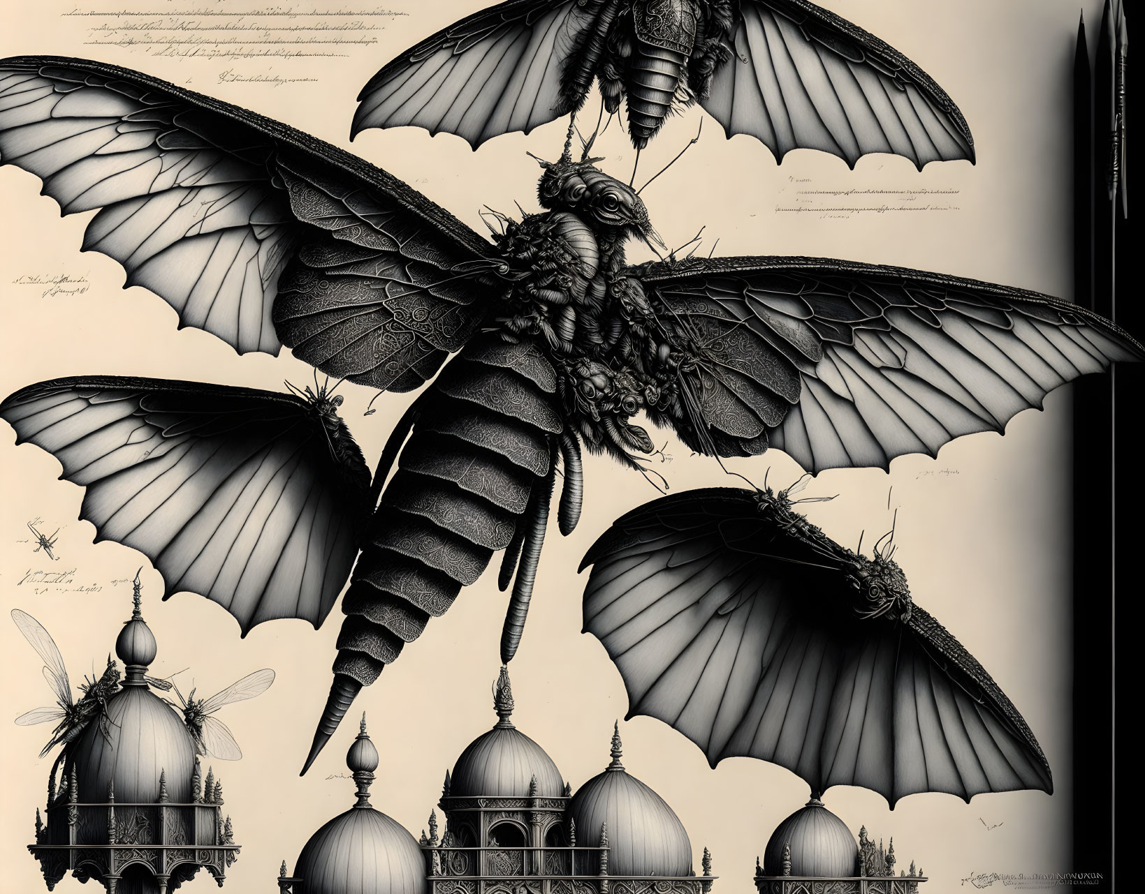 Detailed Illustration: Oversized Insects with Gothic Architecture on Their Backs