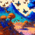 Colorful Landscape: Blue Trees, Orange Foliage, Butterflies, Pastel Sky