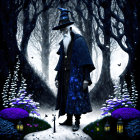 Wizard with staff and long beard in enchanted blue forest with purple flowers.