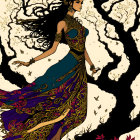 Illustrated woman in purple dress with stylized tree, birds, and red leaves.