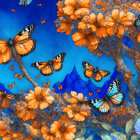 Orange Flowers and Monarch Butterflies in Bright Blue Sky