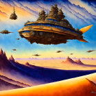 Steampunk-style airships soar over orange and purple mountains at sunset