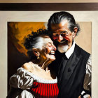 Elderly couple embracing and laughing in warm painting