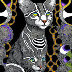 Detailed Monochromatic Cat Illustration with Patterns and Mouse in Background