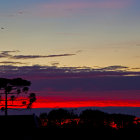 Twilight landscape with silhouetted trees, hills, village, and starry sky