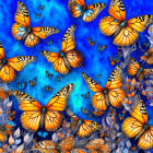 Colorful digital artwork: Orange monarch butterflies among blue flowers