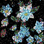 Pixel Art of Vibrant Blue and Pink Flowers on Starry Black Background