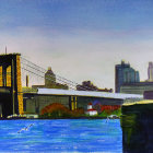 Surreal cityscape with iconic bridge, skyscrapers, paper boats, bird