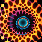 Colorful digital fractal art with central blue circle and intricate orange & black floral designs on dark backdrop