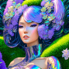 Portrait of person with purple floral and butterfly hair adornments against green hedge.