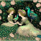 Two women in peacock-themed dresses with peacock and chick in Art Nouveau style