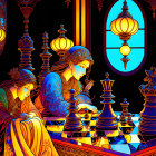 Colorful Stylized Artwork of Two Figures Playing Chess with Ornate Decor