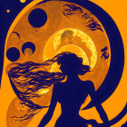 Silhouette of woman with flowing hair against moon and circles on orange and blue background