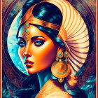 Stylized portrait of woman with gold jewelry and ornate headpiece