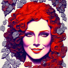 Vibrant illustration of woman with red curly hair among grape leaves